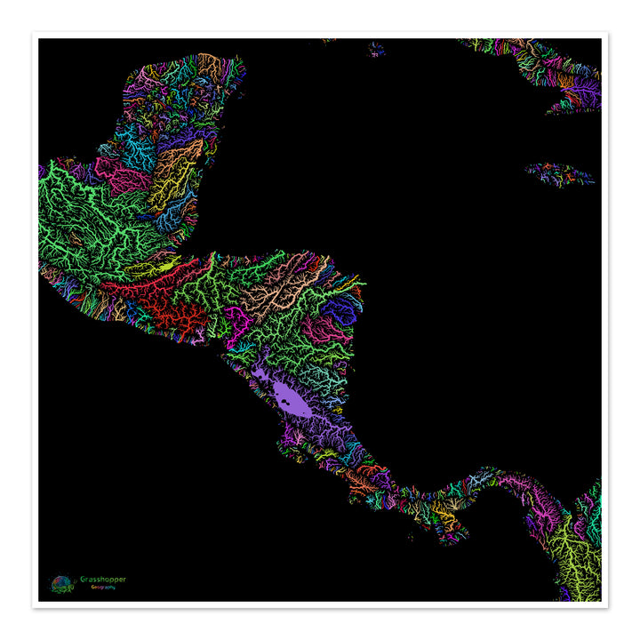 Central America - River basin map, rainbow on black - Fine Art Print