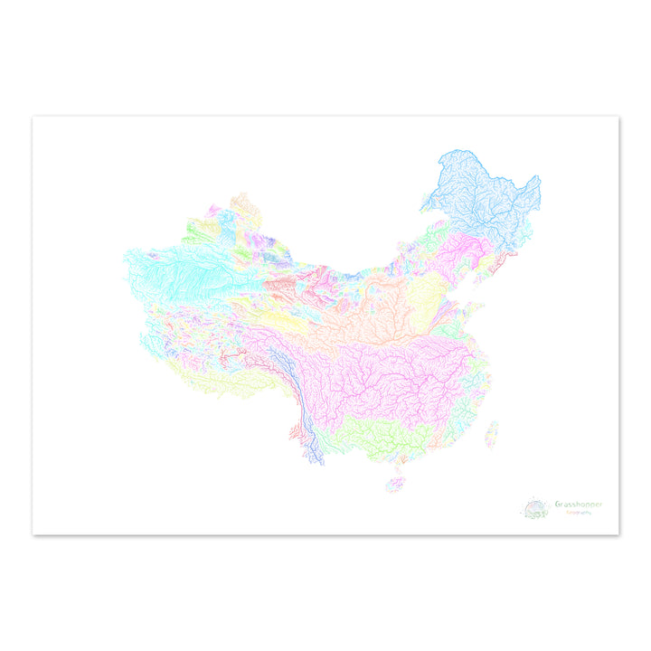 China und Taiwan – Flussgebietskarte, Pastell auf Weiß – Fine Art Print