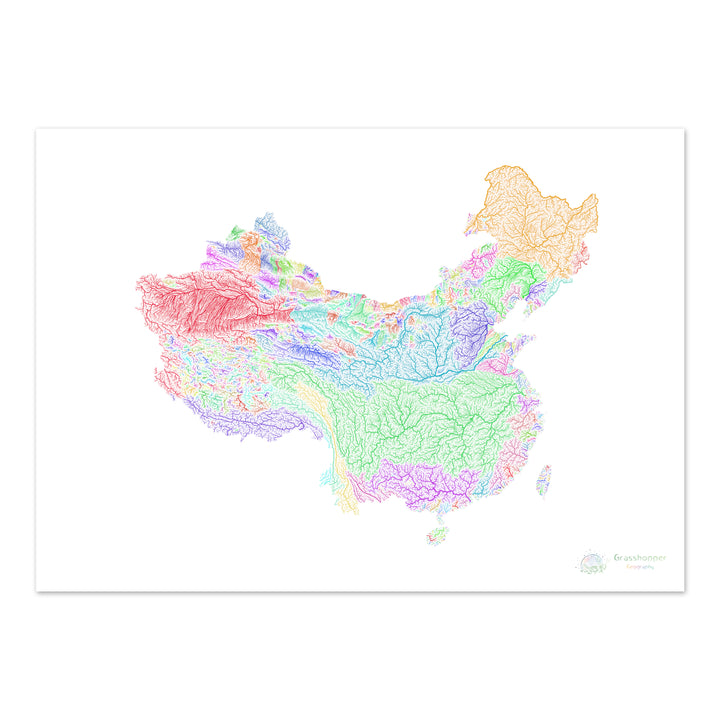 China y Taiwán - Mapa de cuencas fluviales, arco iris sobre blanco - Impresión de bellas artes