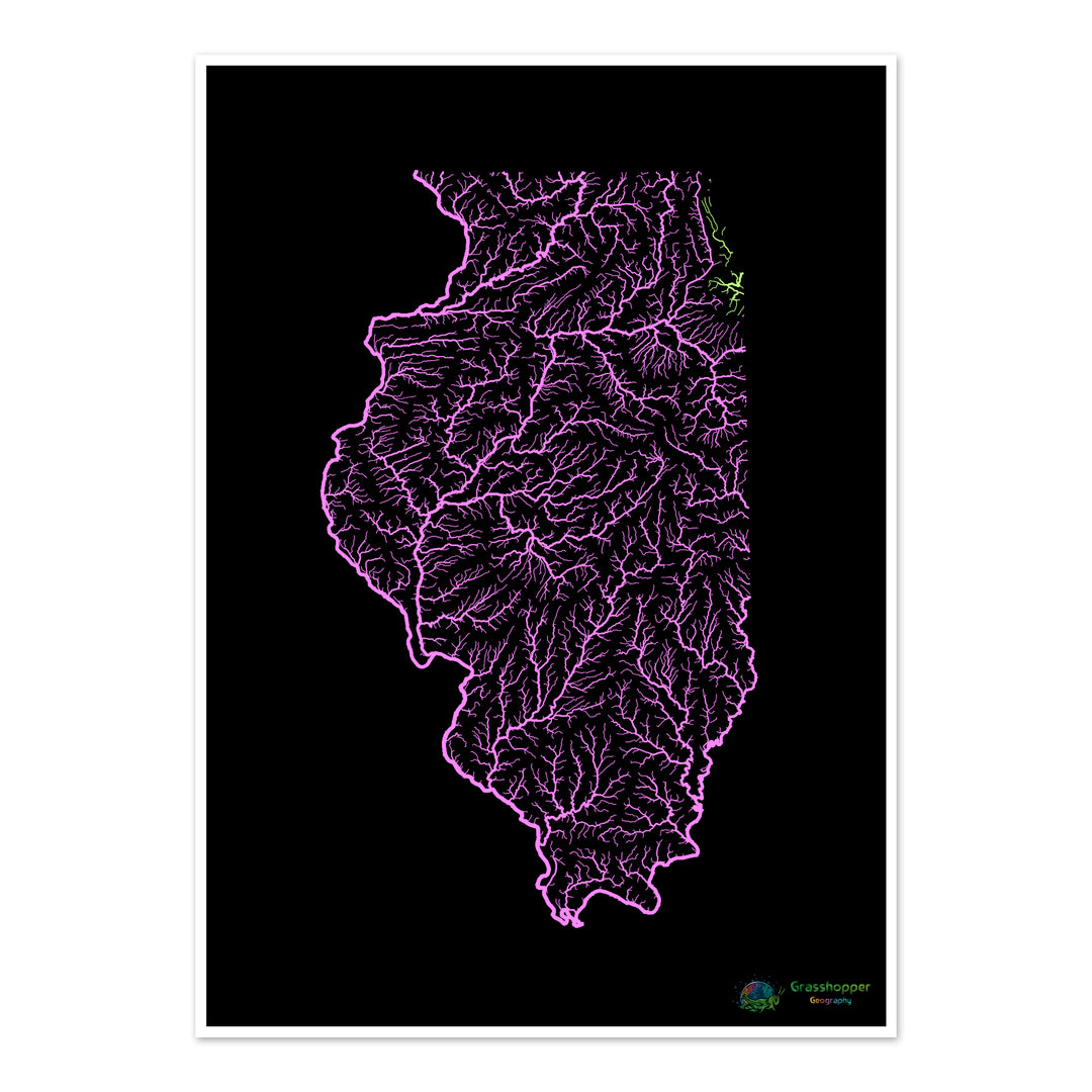 Illinois - River basin map, pastel on black - Fine Art Print