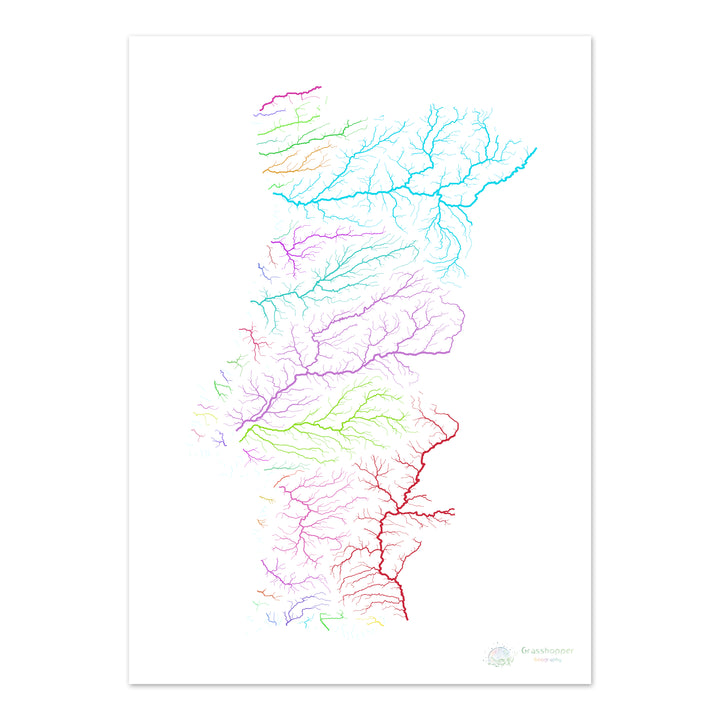 Portugal - Carte des bassins fluviaux, arc-en-ciel sur blanc - Fine Art Print