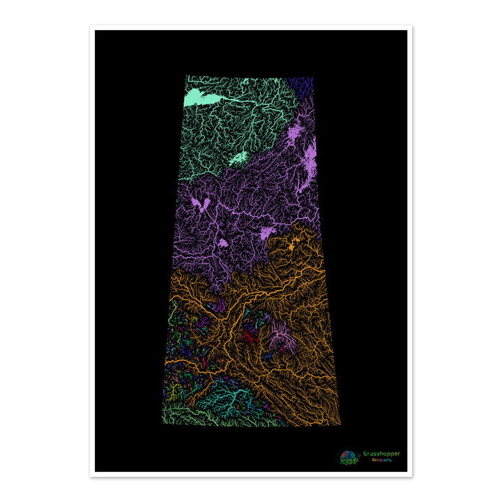 Saskatchewan - Mapa da bacia hidrográfica, arco-íris em preto - Impressão de belas artes
