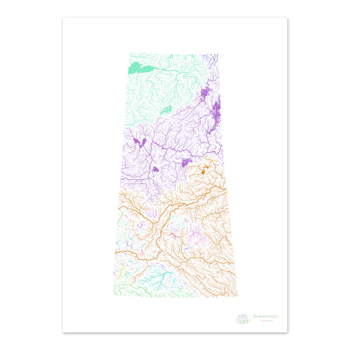 Saskatchewan - Carte du bassin fluvial, arc-en-ciel sur blanc - Tirage d'art
