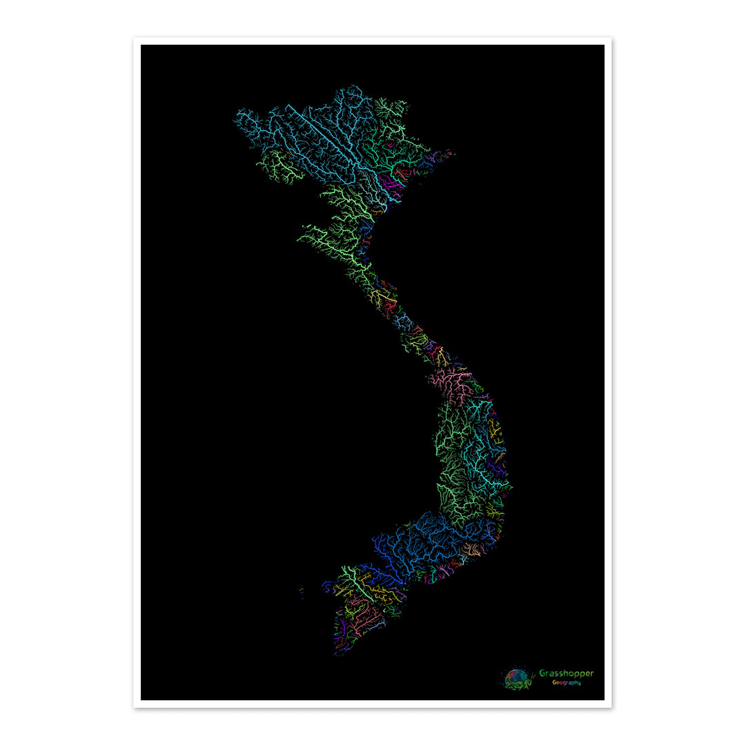 Vietnam - Mapa de la cuenca fluvial, arco iris sobre negro - Impresión de Bellas Artes