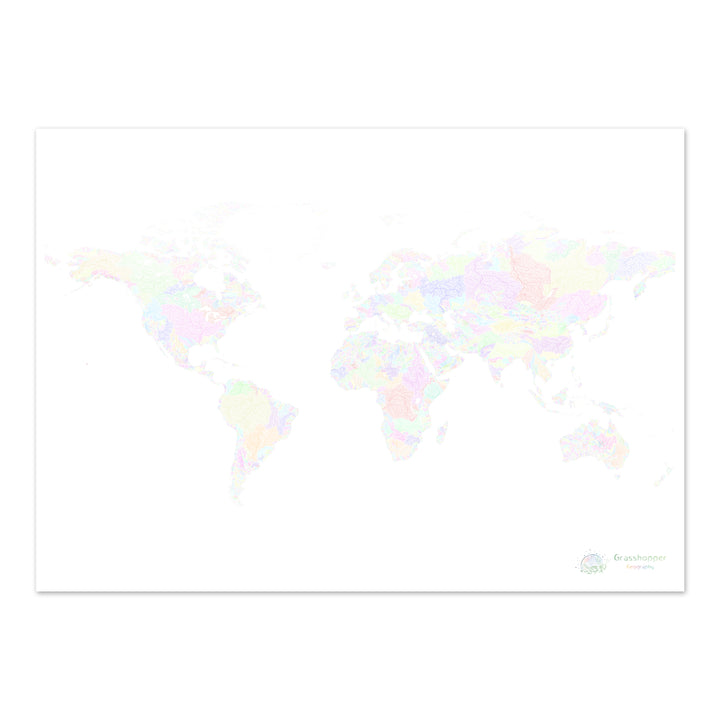 Le monde - Carte des bassins fluviaux, pastel sur blanc - Fine Art Print