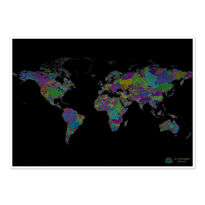 The world - River basin map, rainbow on black - Fine Art Print