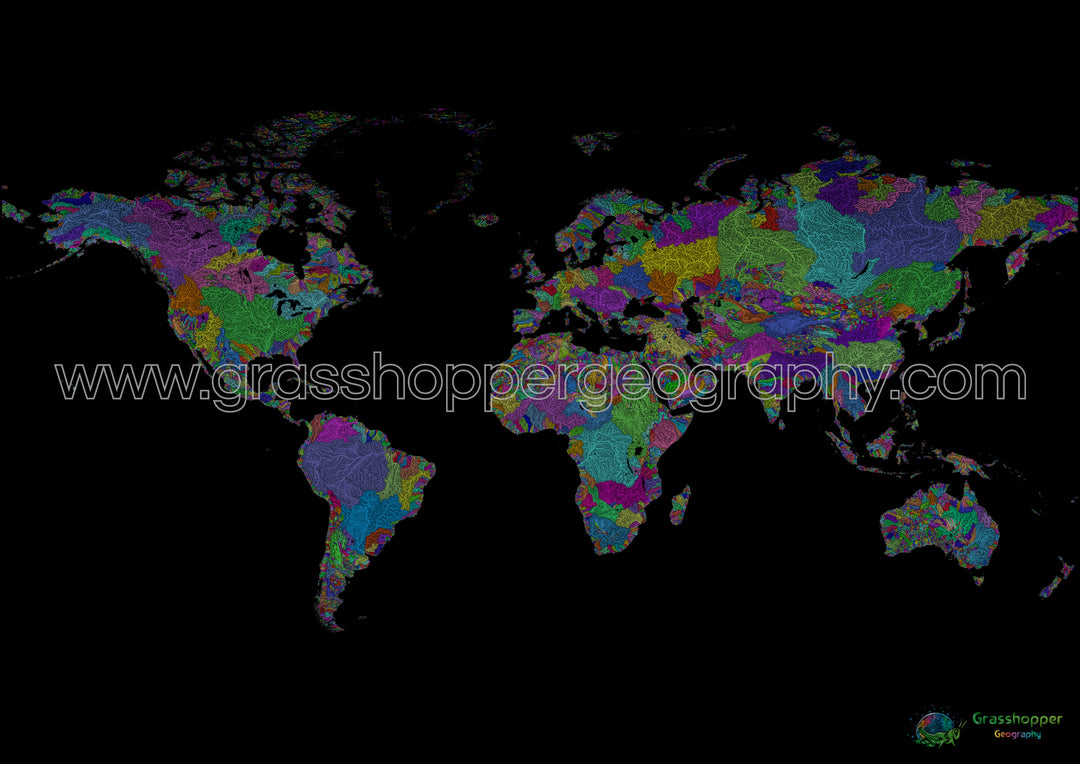 El mundo - Mapa de cuencas fluviales, arco iris sobre negro - Impresión de Bellas Artes