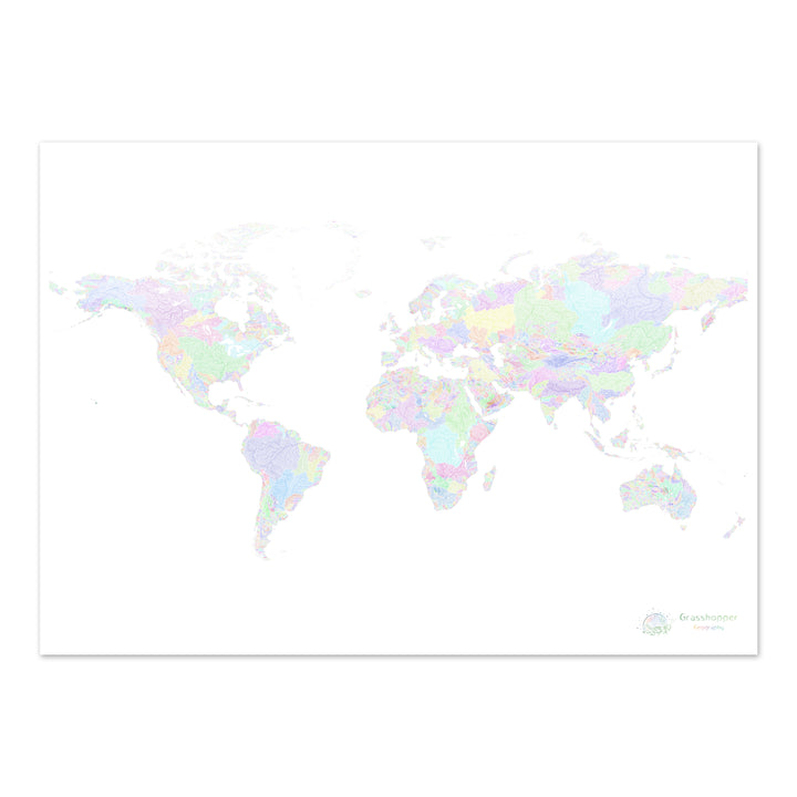 Le monde - Carte des bassins fluviaux, arc-en-ciel sur blanc - Fine Art Print