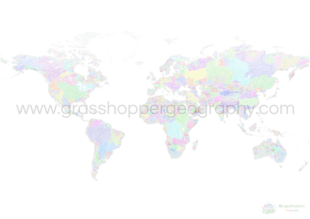 The world - River basin map, rainbow on white - Fine Art Print