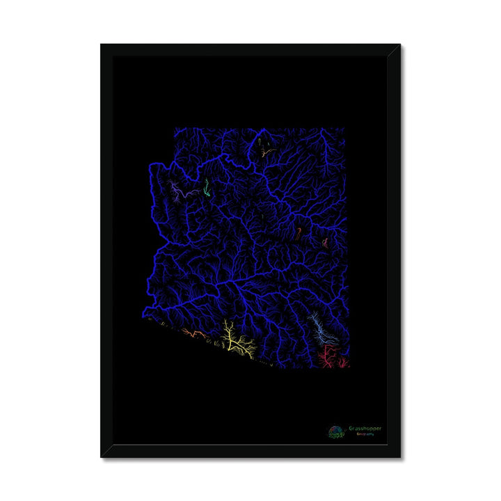 River basin map of Arizona with black background Framed Print