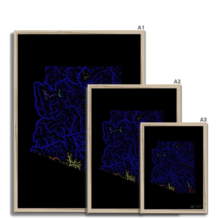 River basin map of Arizona with black background Framed Print