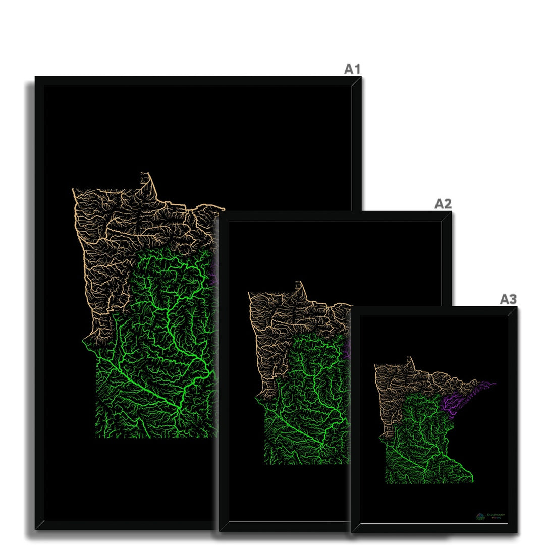 Lámina enmarcada Mapa de la cuenca fluvial de Minnesota con fondo negro