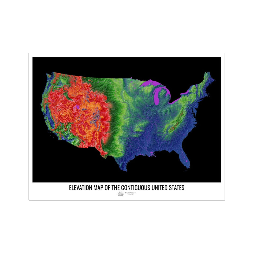 PERSONALIZADO Estados Unidos - Mapa de elevación, negro - Impresión fotográfica