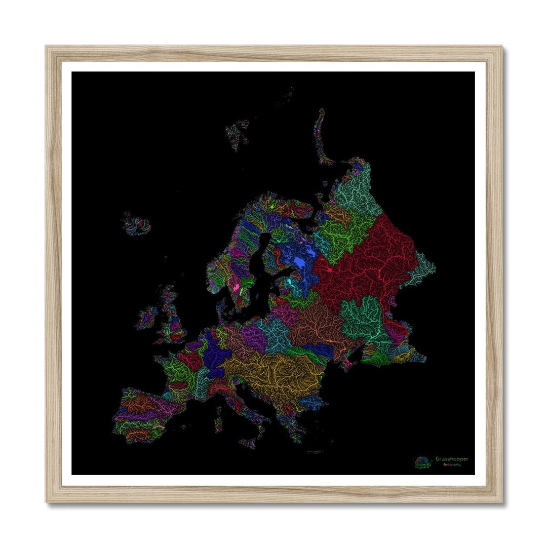 Lámina enmarcada Mapa de cuencas fluviales de Europa con fondo negro 