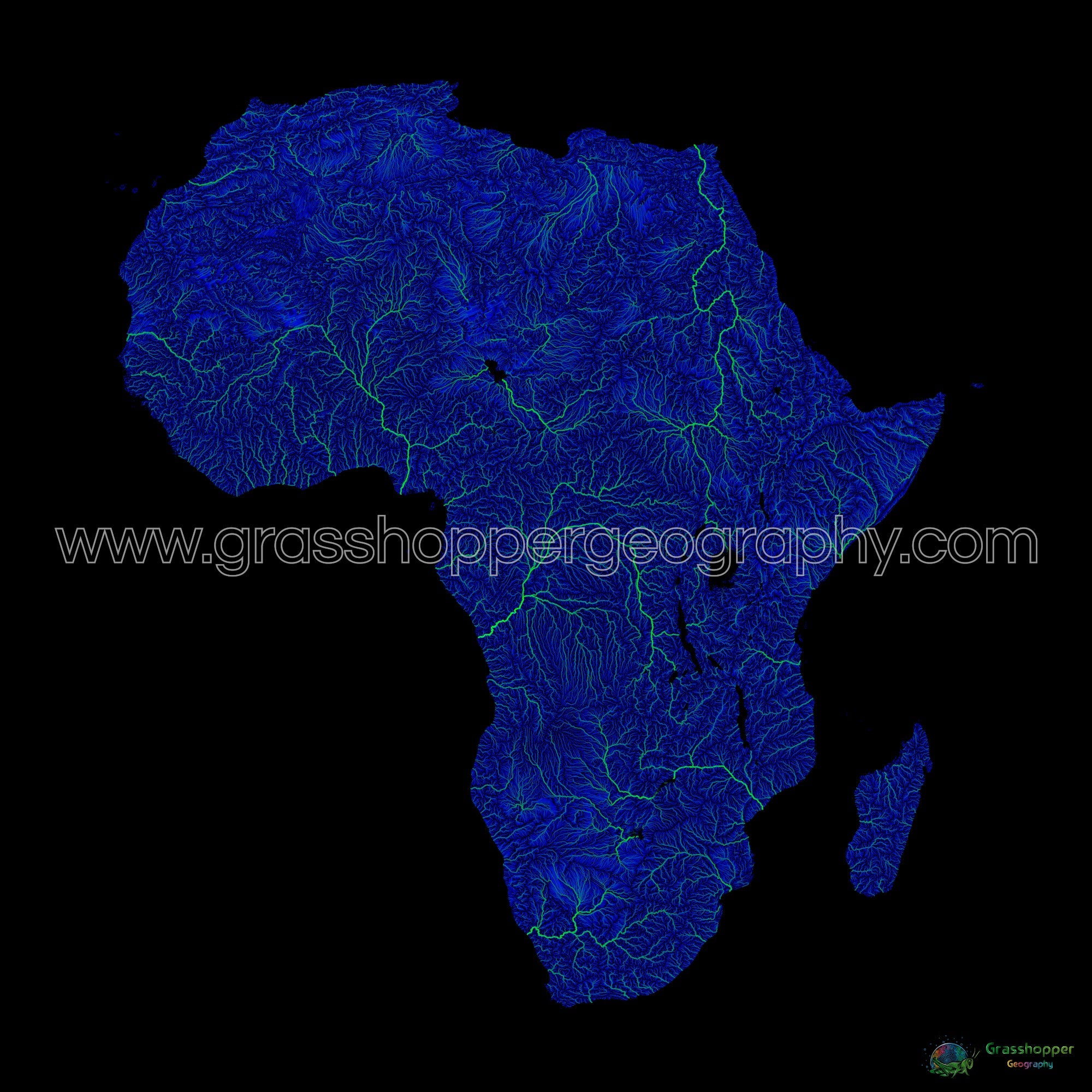 Africa Blue And Green River Map On Black Fine Art Print   Blue And Green River Map Of Africa With Black Background Fine Art Print By Grasshopper Geography Licensable 4 