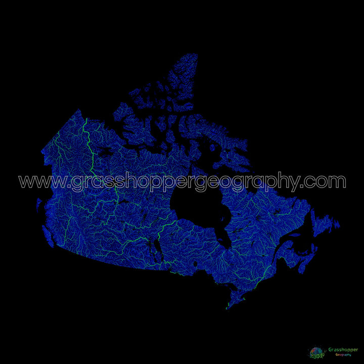 Canada - Carte fluviale bleue et verte sur fond noir - Tirage d'art