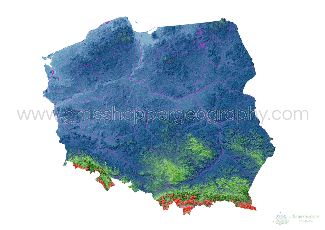 Poland - Elevation map, white - Fine Art Print