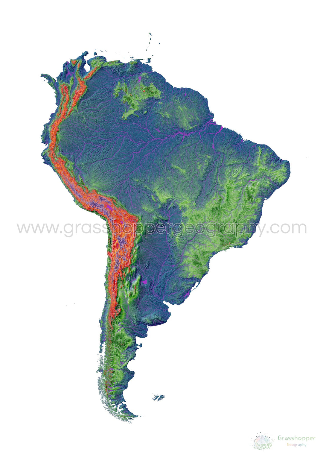 América del Sur - Mapa de elevación, blanco - Impresión de Bellas Artes