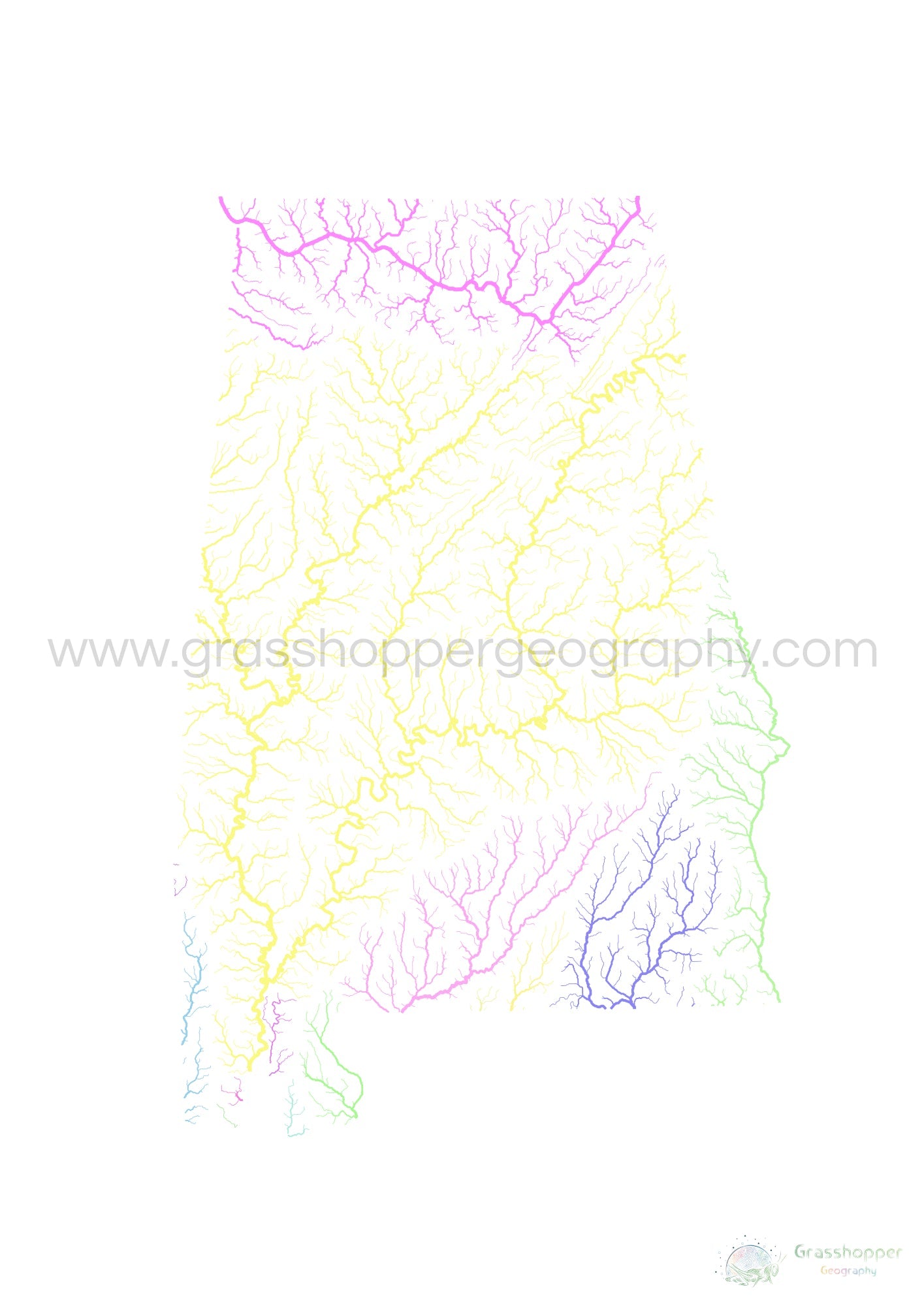 River Basin Map Of Alabama Pastel Colours On White Fine Art Print   River Basin Map Of Alabama Pastel Colours On White Fine Art Print By Grasshopper Geography Licensable 4 