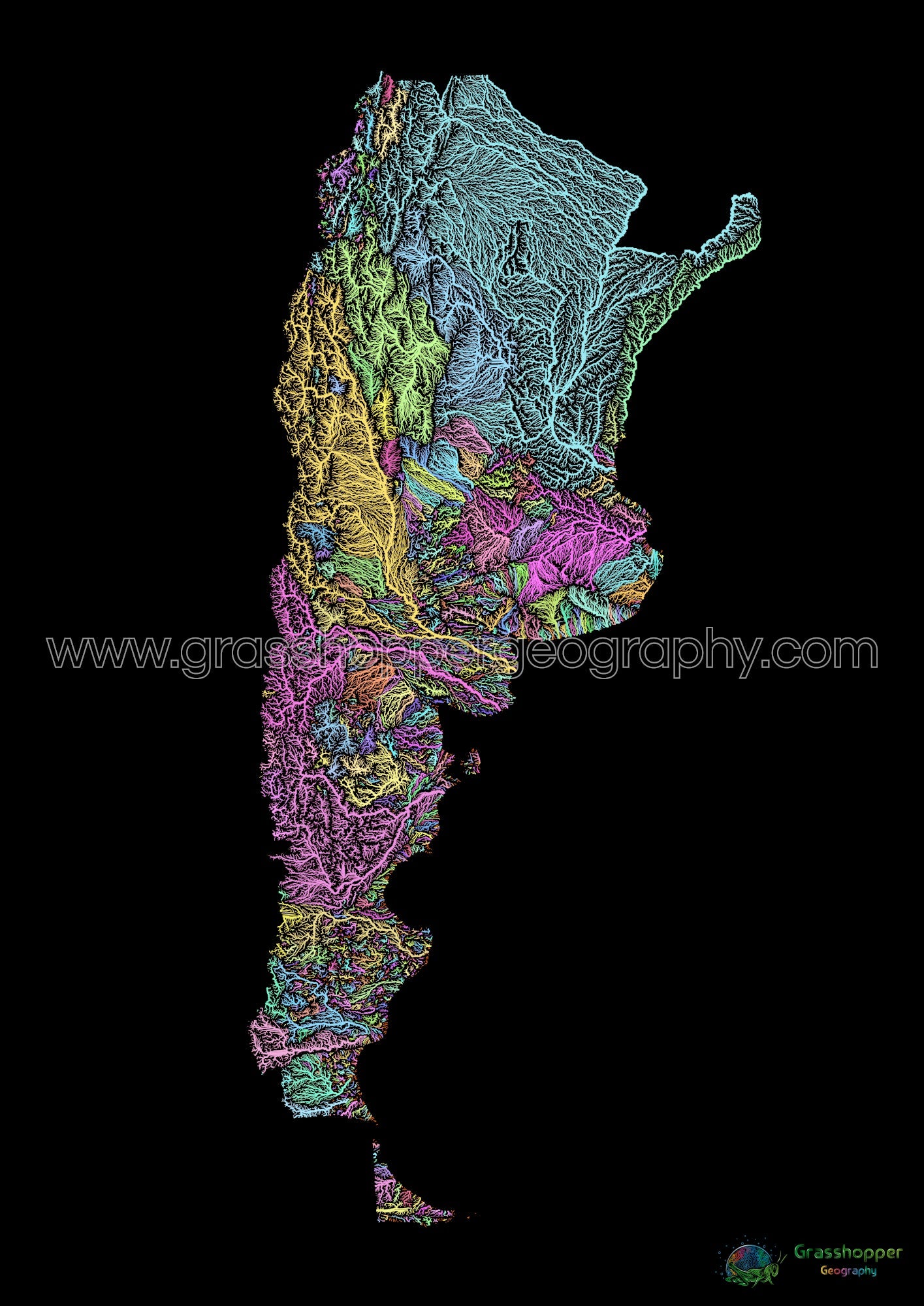 Argentina River Basin Map Pastel On Black Fine Art Print   River Basin Map Of Argentina Pastel Colours On Black Fine Art Print By Grasshopper Geography Licensable 4 