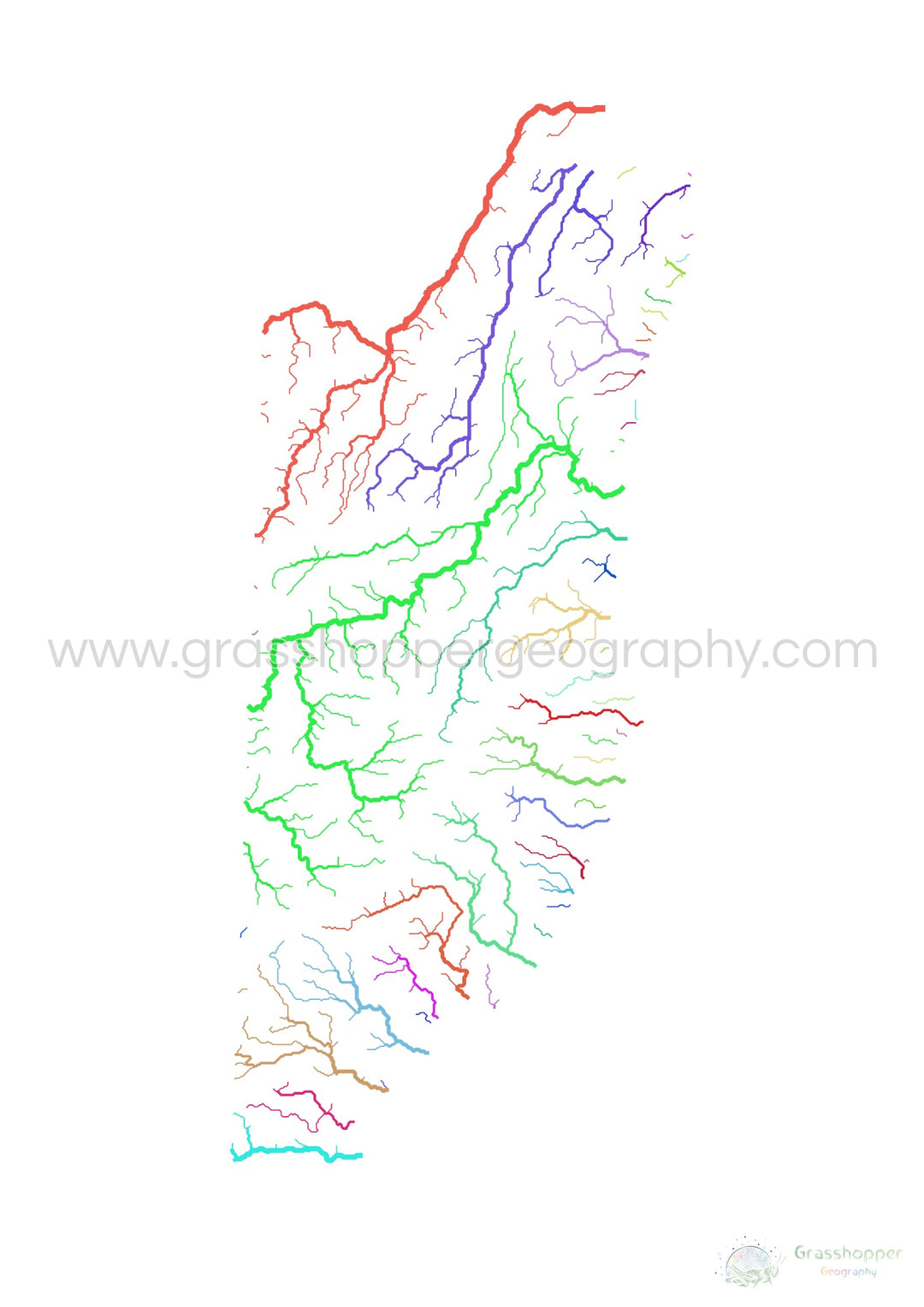 Belize - River basin map, rainbow on white - Fine Art Print