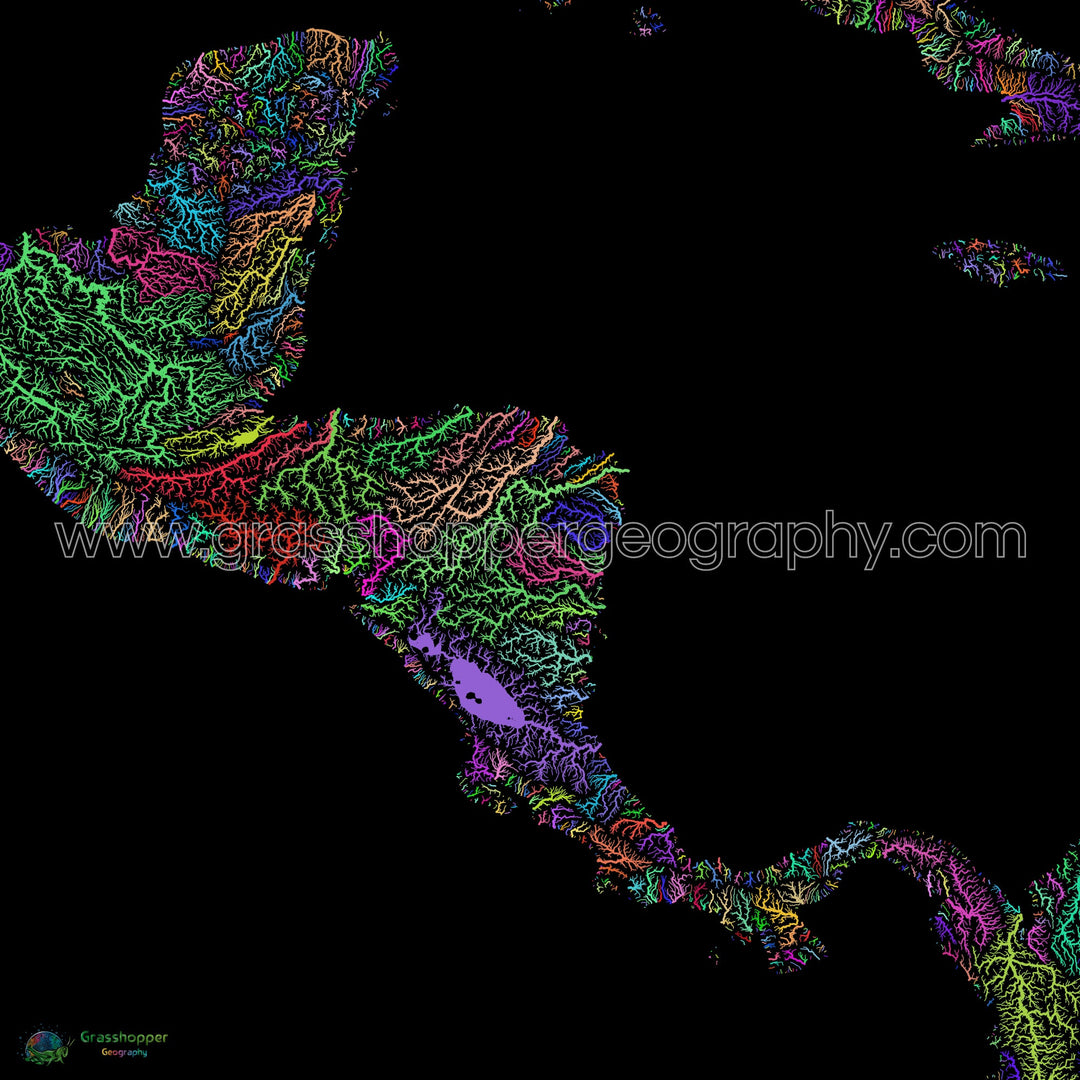 Central America - River basin map, rainbow on black - Fine Art Print