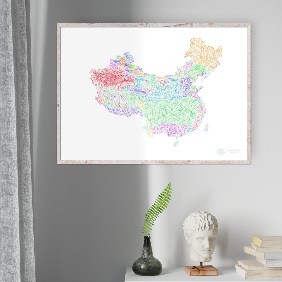 China y Taiwán - Mapa de cuencas fluviales, arco iris sobre blanco - Impresión de bellas artes