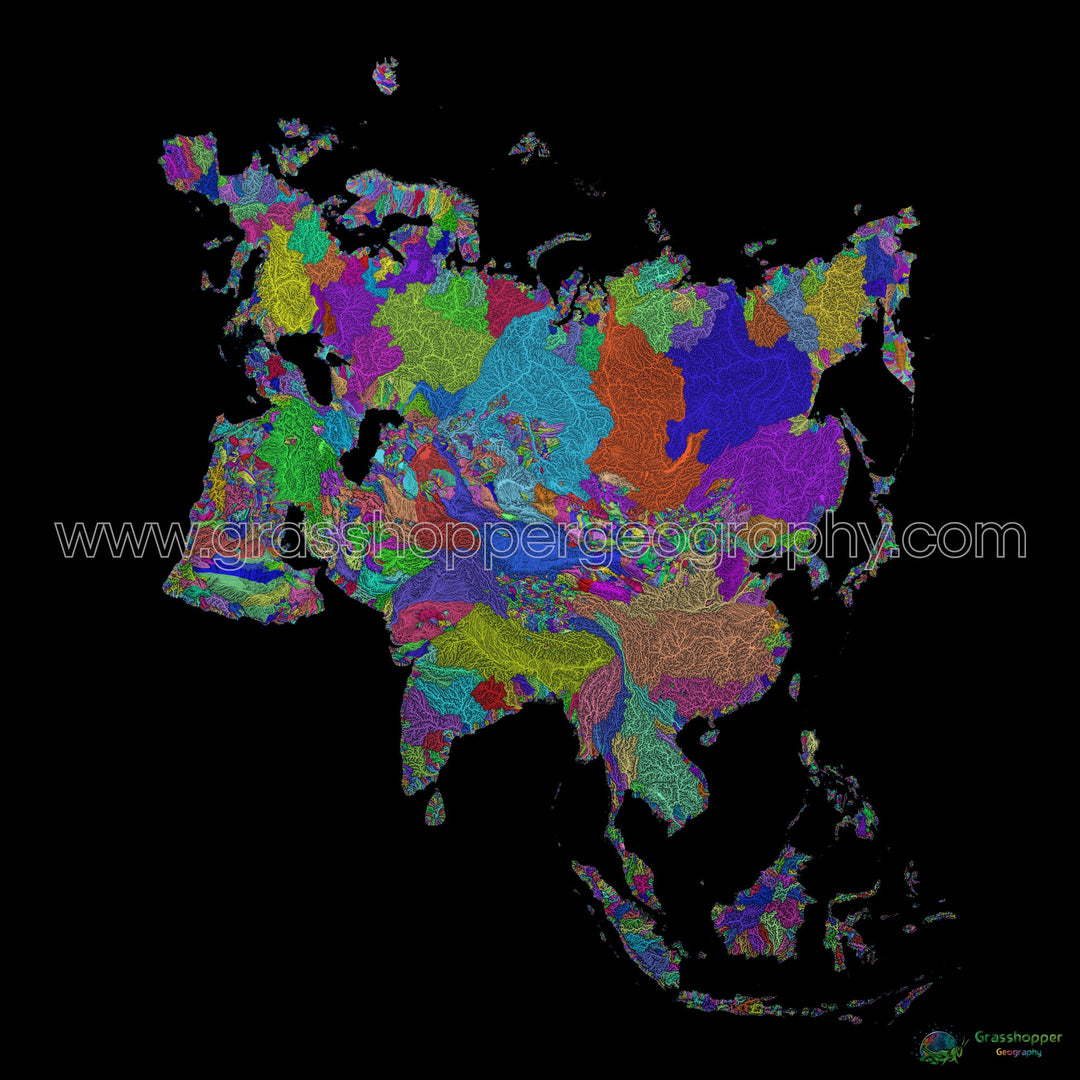 Eurasia - River basin map, rainbow on black - Fine Art Print