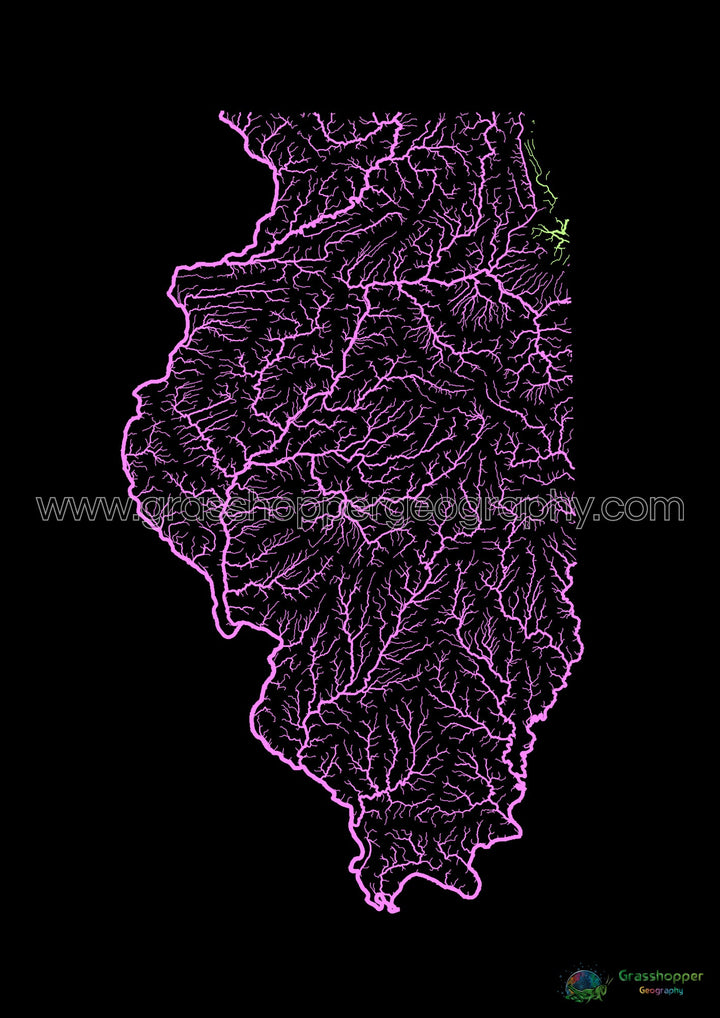 Illinois - River basin map, pastel on black - Fine Art Print