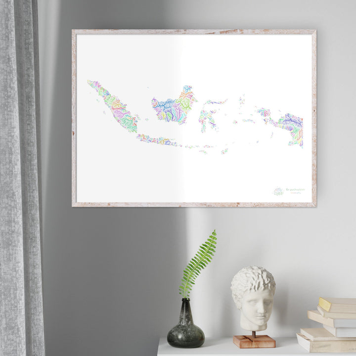 Indonesia - Mapa de la cuenca fluvial, arco iris sobre blanco - Impresión de Bellas Artes