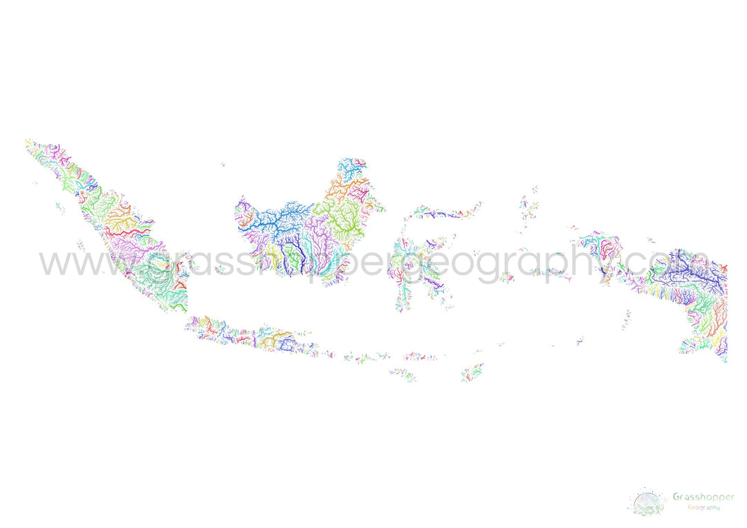 Indonesia - Mapa de la cuenca fluvial, arco iris sobre blanco - Impresión de Bellas Artes