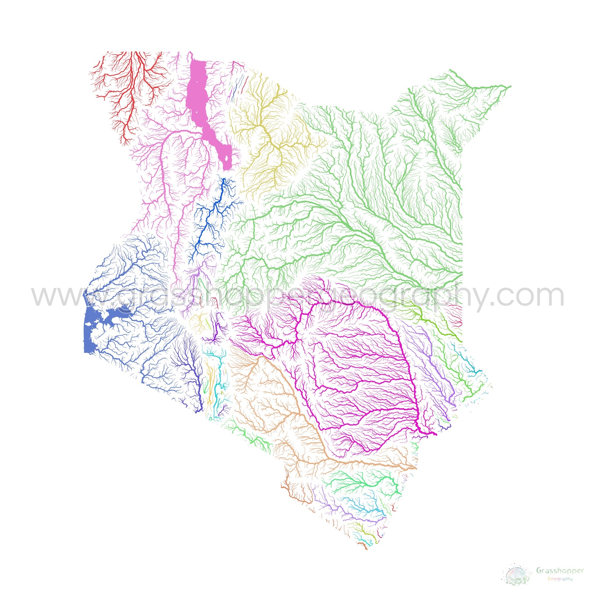 River Basin Map Of Kenya Rainbow Colours On White Fine Art Print   River Basin Map Of Kenya Rainbow Colours On White Fine Art Print By Grasshopper Geography Licensable 4 