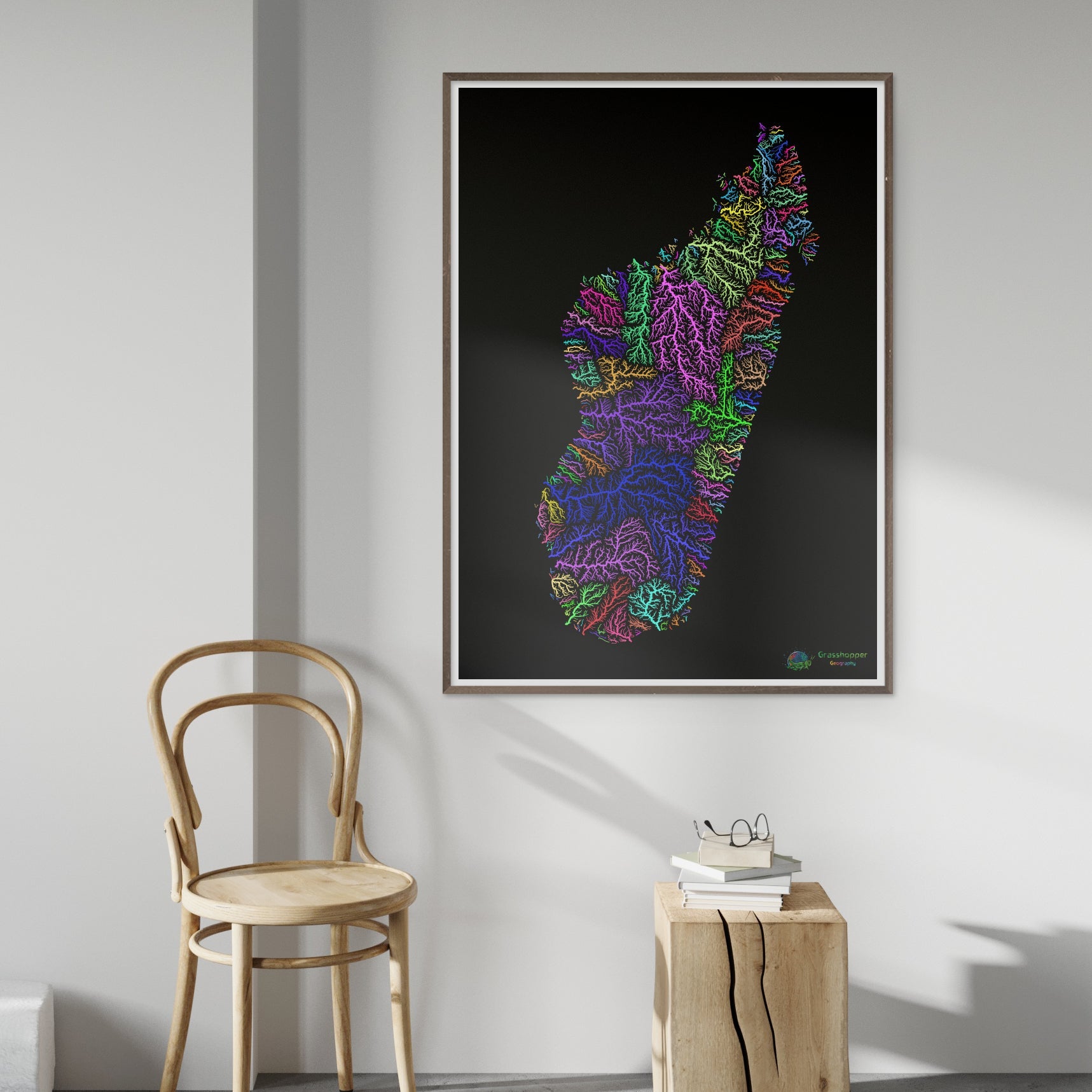 River Basin Map Of Madagascar Rainbow Colours On Black Fine Art Pri   River Basin Map Of Madagascar With Black Background Fine Art Print By Grasshopper Geography Framed Wall Decor 