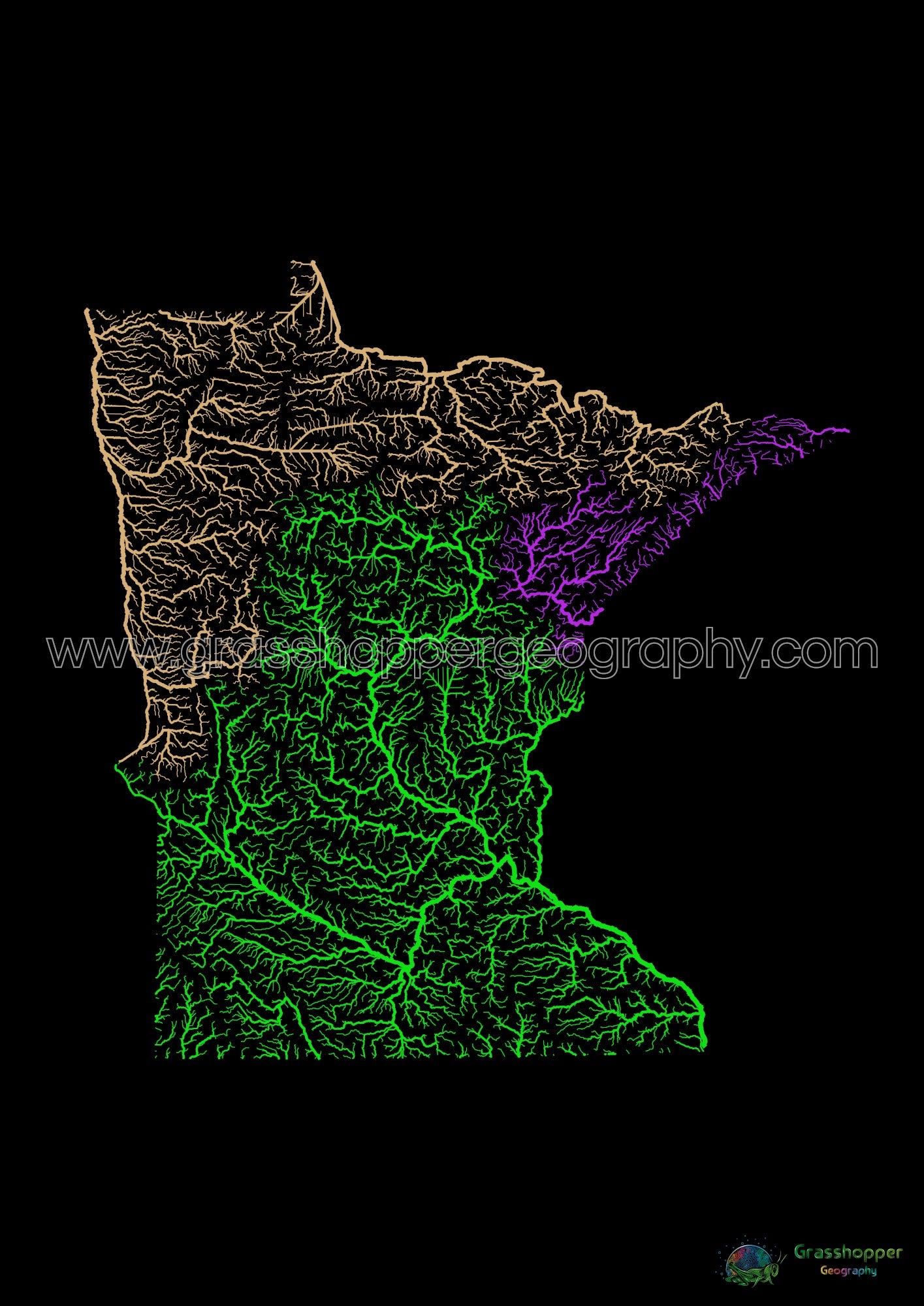 Minnesota River Basin Map Rainbow On Black Fine Art Print   River Basin Map Of Minnesota With Black Background Fine Art Print By Grasshopper Geography Licensable 4 