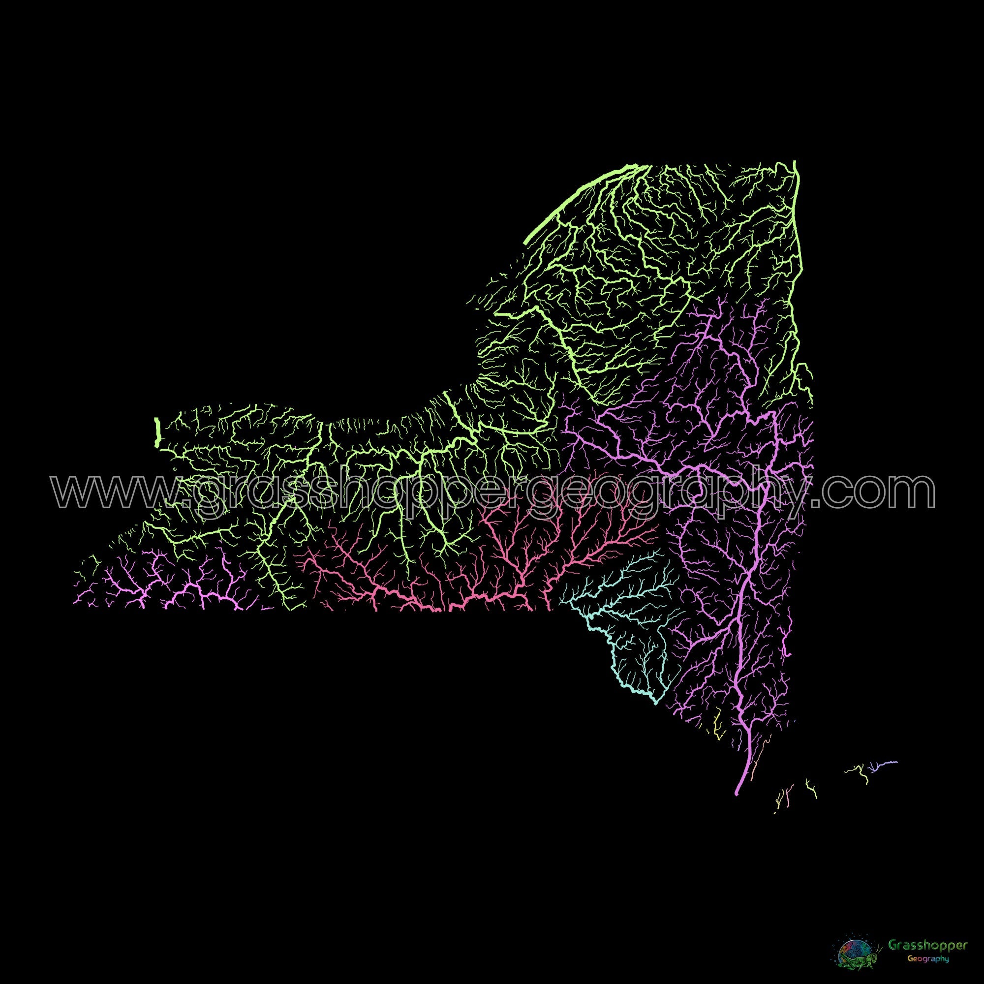 New York River Basin Map Pastel On Black Fine Art Print   River Basin Map Of New York Pastel Colours On Black Fine Art Print By Grasshopper Geography Licensable 4 