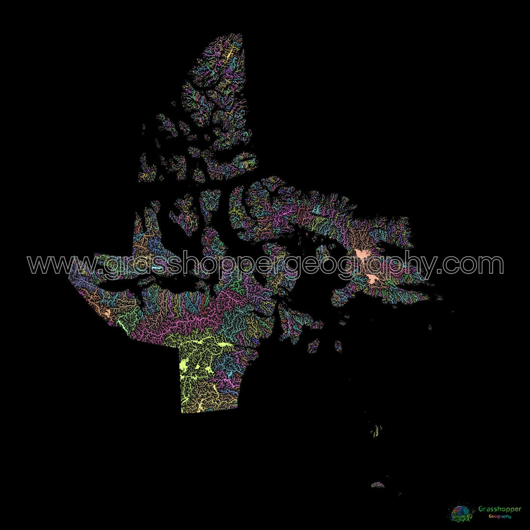 Nunavut - Carte des bassins fluviaux, pastel sur noir - Fine Art Print