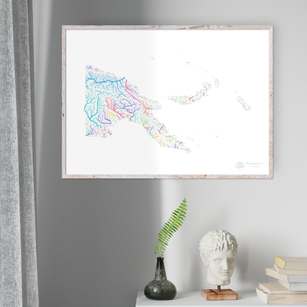Papouasie-Nouvelle-Guinée - Carte des bassins fluviaux, arc-en-ciel sur blanc - Fine Art Print