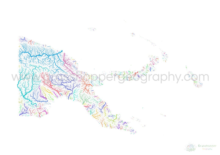 Papouasie-Nouvelle-Guinée - Carte des bassins fluviaux, arc-en-ciel sur blanc - Fine Art Print