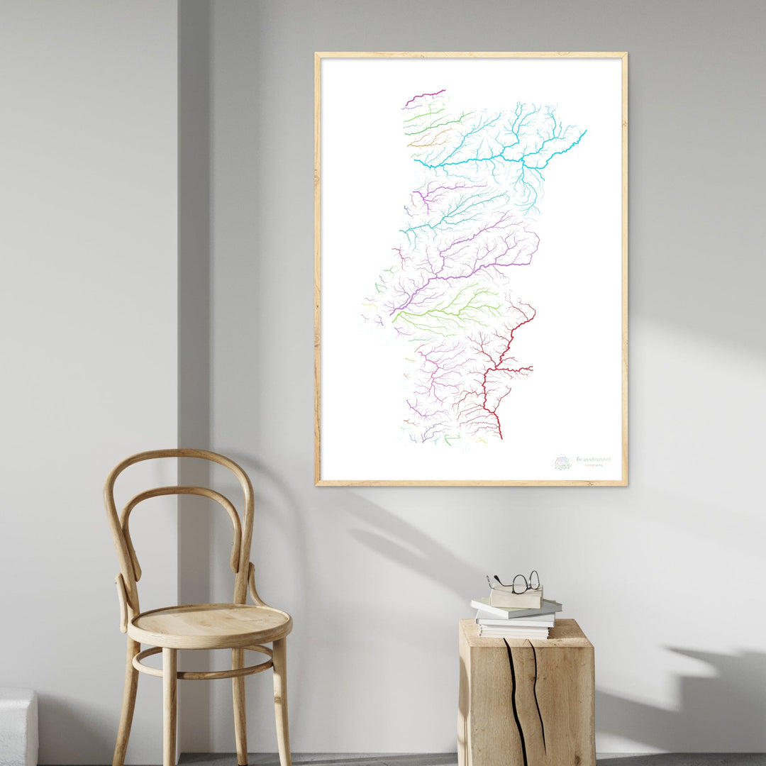 Portugal - Carte des bassins fluviaux, arc-en-ciel sur blanc - Fine Art Print