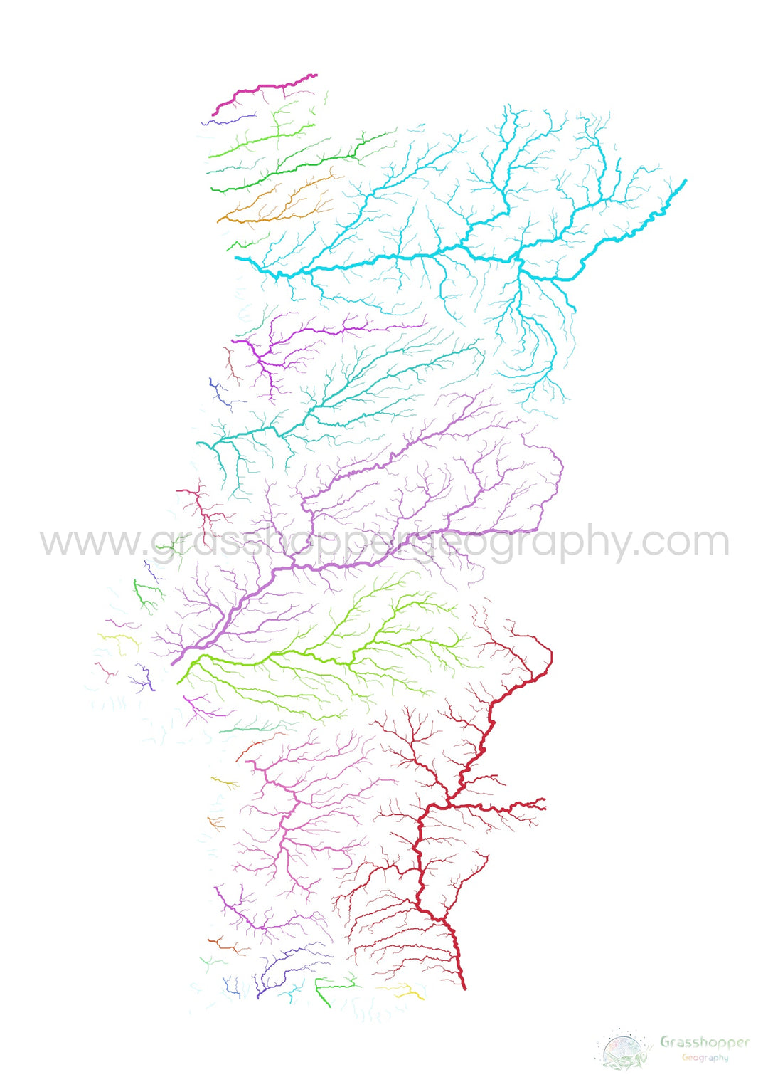Portugal - Carte des bassins fluviaux, arc-en-ciel sur blanc - Fine Art Print