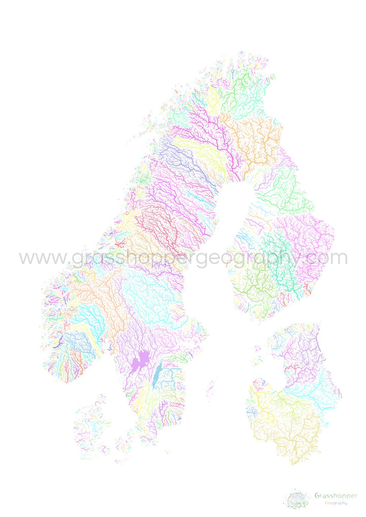 Scandinavie - Carte des bassins fluviaux, pastel sur blanc - Fine Art Print