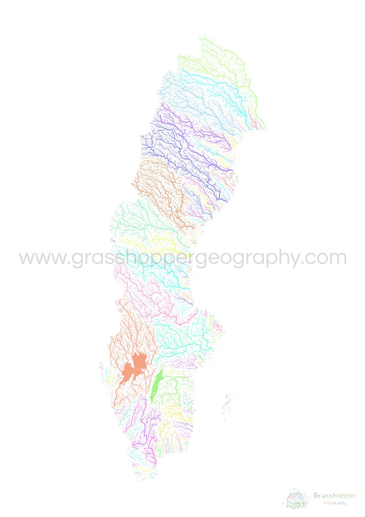 Sweden - River basin map, pastel on white - Fine Art Print