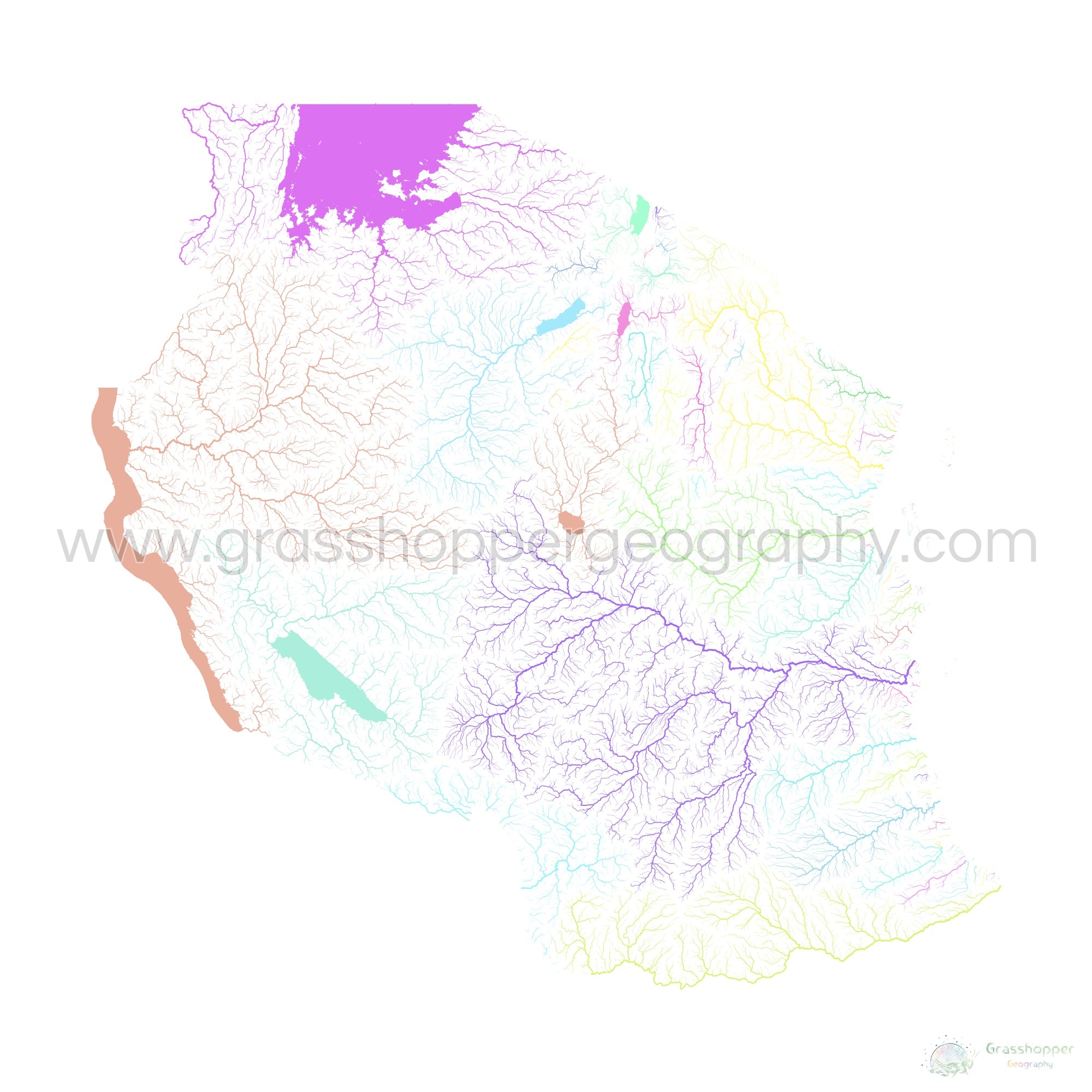 River Basin Map Of Tanzania Pastel Colours On White Fine Art Print   River Basin Map Of Tanzania Pastel Colours On White Fine Art Print By Grasshopper Geography Licensable 4 