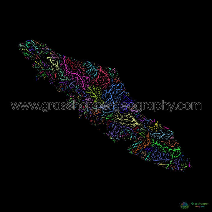 Vancouver Island - River basin map, rainbow on black - Fine Art Print