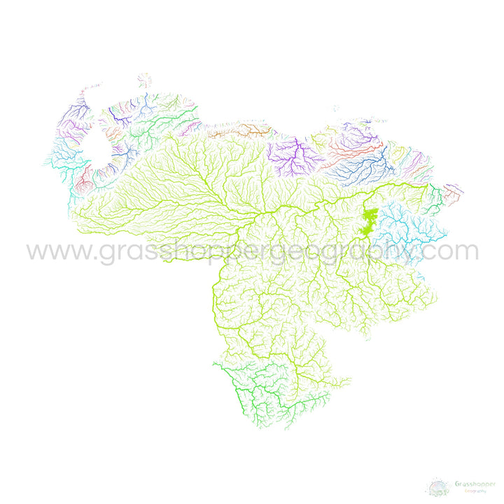 Venezuela - River basin map, rainbow on white - Fine Art Print