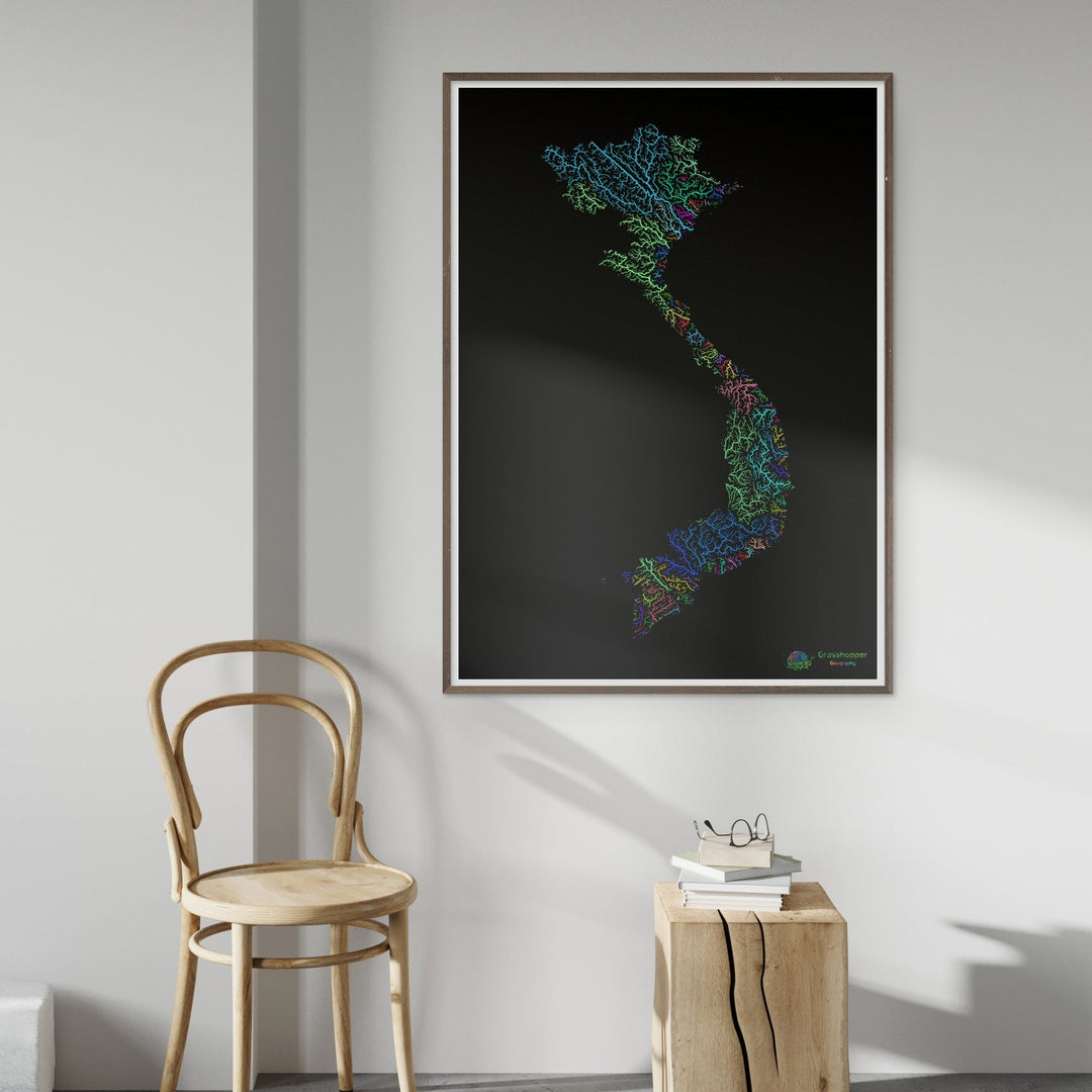 Vietnam - River basin map, rainbow on black - Fine Art Print