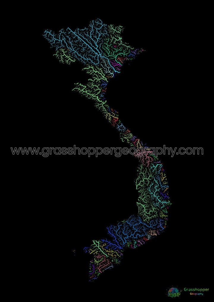 Vietnam - Mapa de la cuenca fluvial, arco iris sobre negro - Impresión de Bellas Artes
