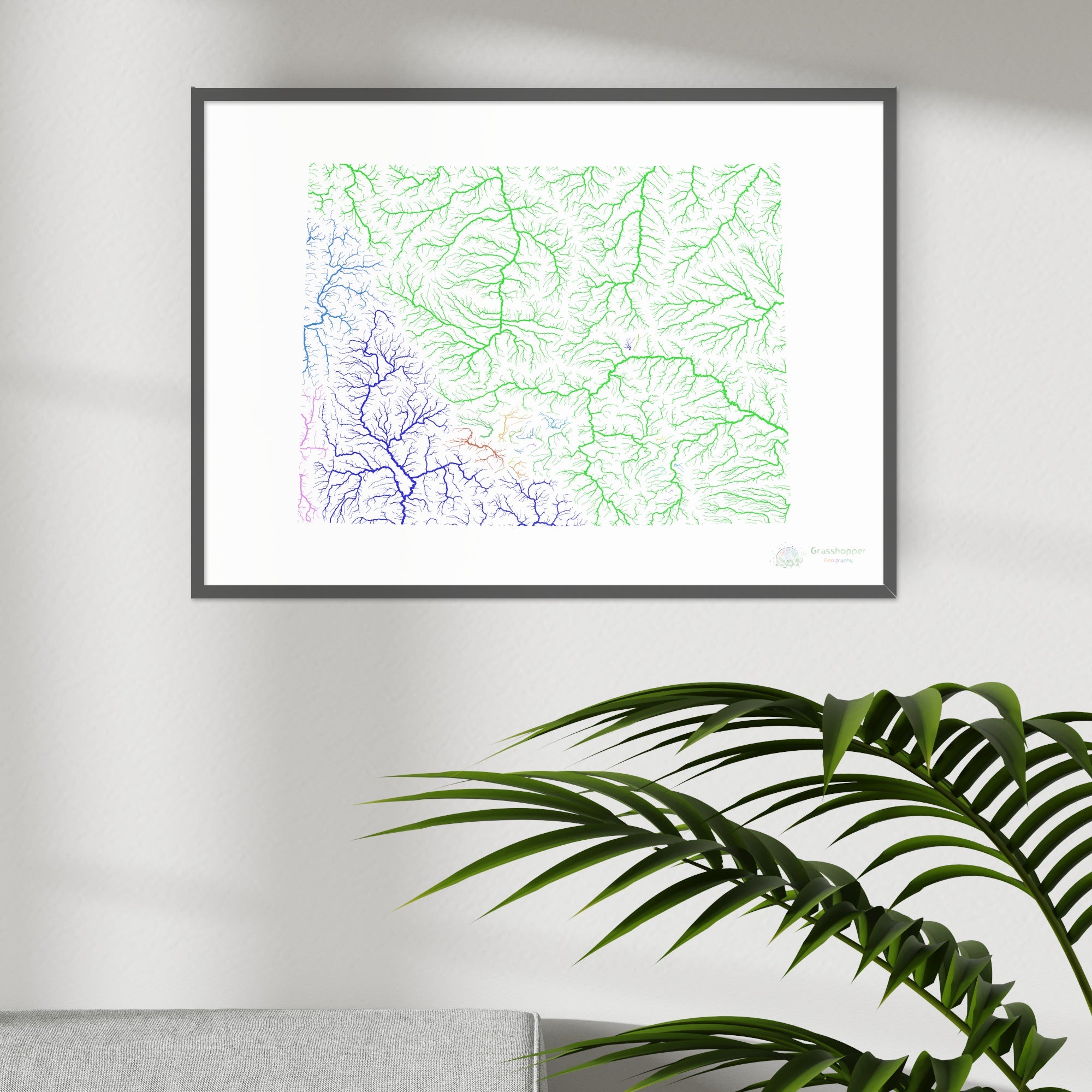 River basin map of Wyoming, rainbow colours on white Fine Art Print ...
