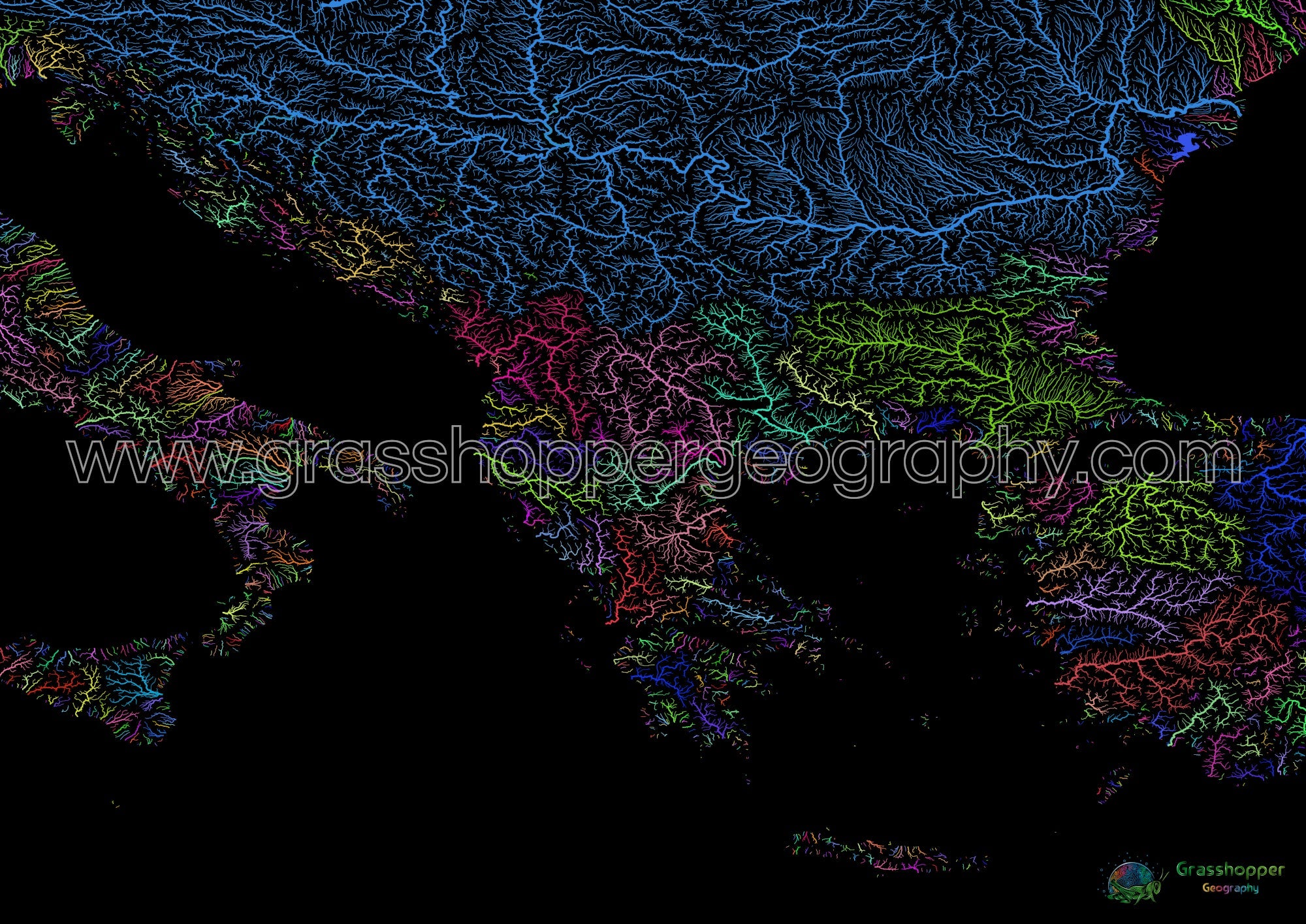 River Basin Map Of The Balkans Rainbow Colours On Black Fine Art Pr   River Basin Map Of The Balkans With Black Background Fine Art Print By Grasshopper Geography Licensable 4 