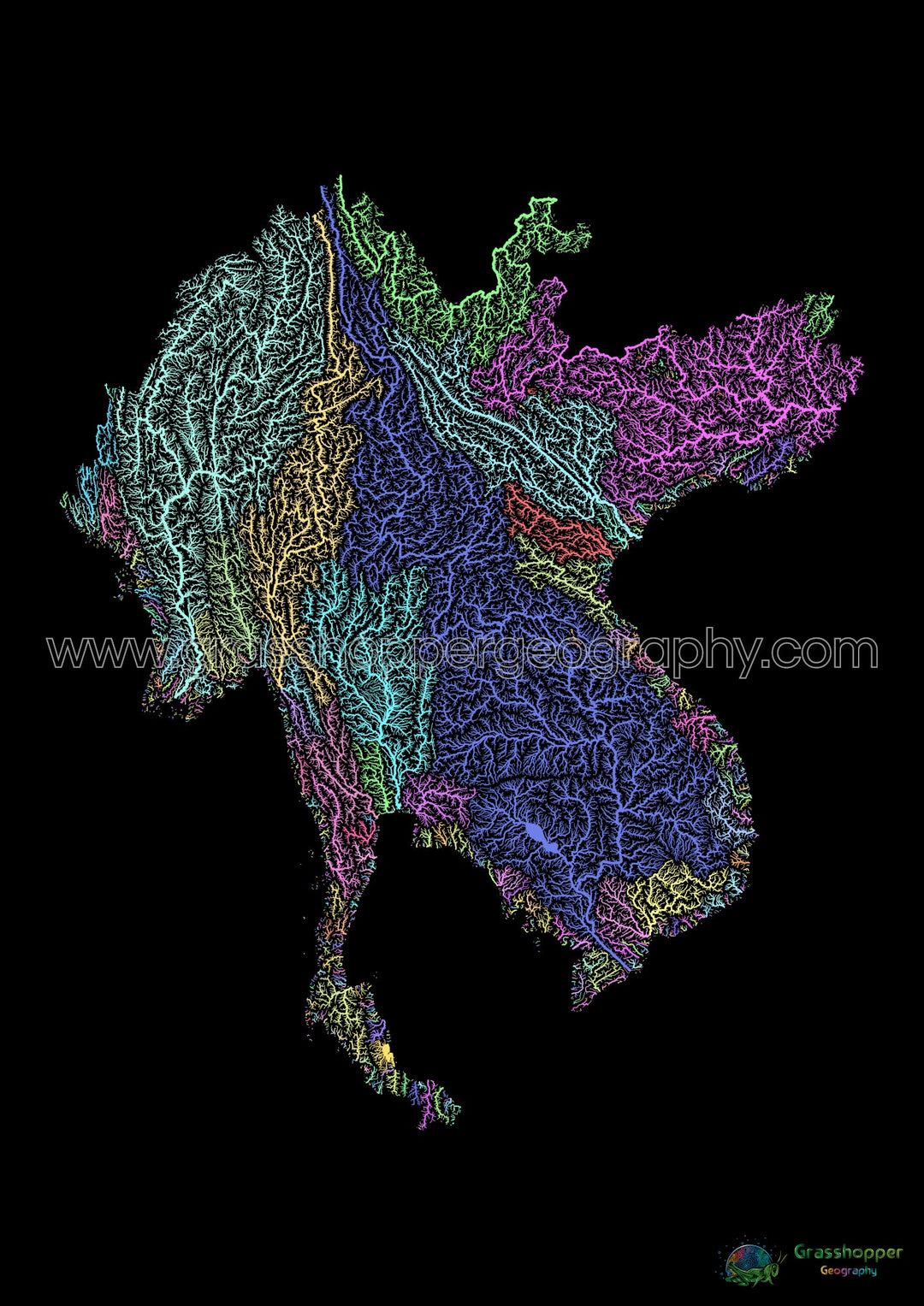 La subregión del Gran Mekong - Mapa de la cuenca fluvial, pastel sobre negro - Impresión de bellas artes